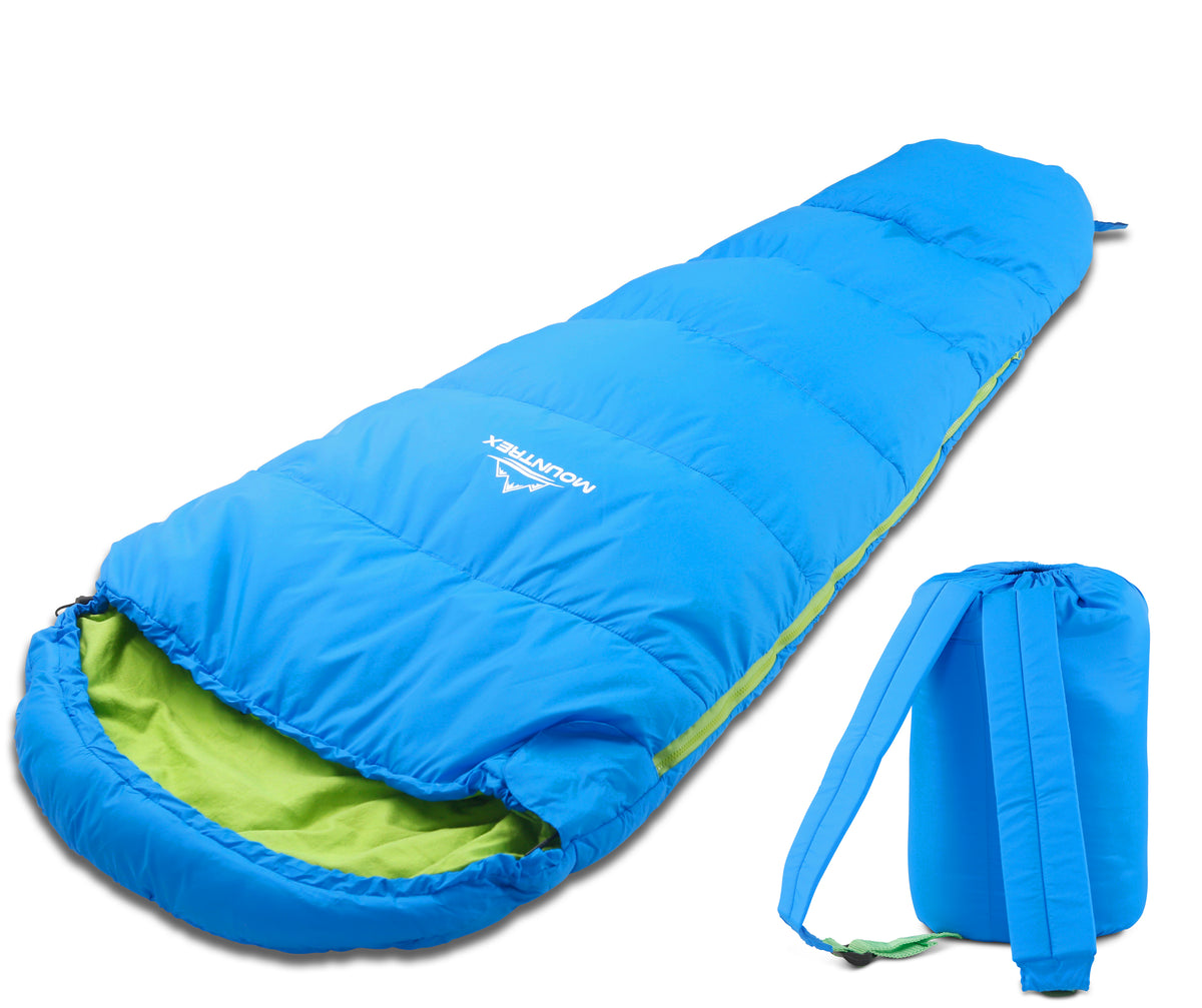 kinder schlafsack camping MOUNTREX® Kinderschlafsack (Blau) - Tragbar wie ein Rucksack