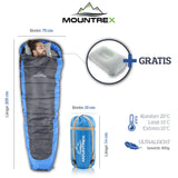 MOUNTREX® Schlafsack – Sommerschlafsack (850g) - Mumienschlafsack (205x75cm) + BONUS Reisekissen