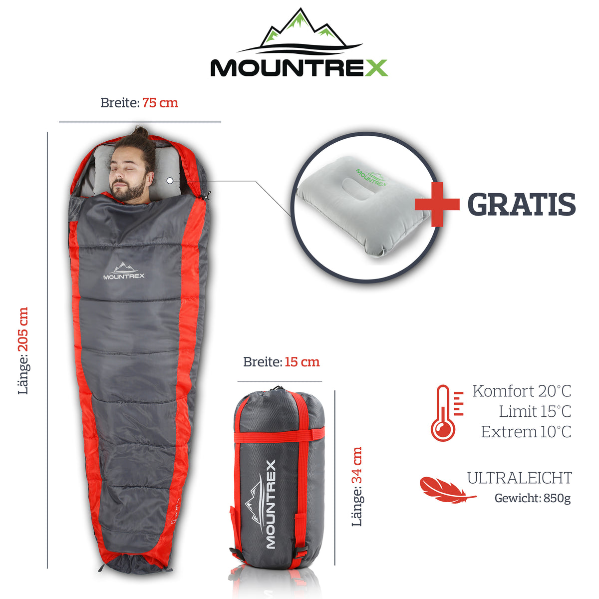 MOUNTREX® Schlafsack – Sommerschlafsack Ultraleicht & Kompakt (850g)