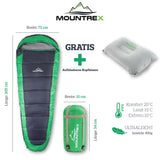 MOUNTREX® Schlafsack – Sommerschlafsack Ultraleicht & Kompakt (850g) - Outdoor Mumienschlafsack (205x75cm) + BONUS Reisekissen