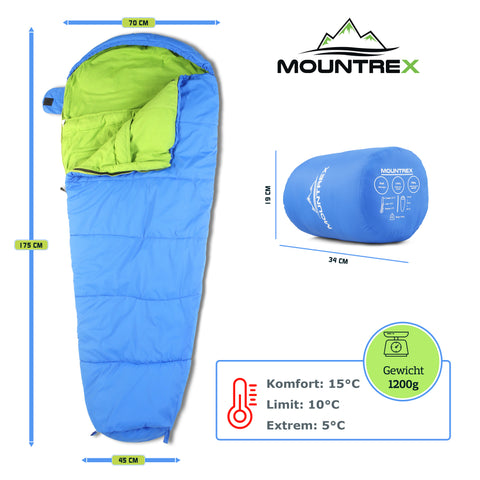 schlafsack für 10 jährige MOUNTREX® Kinderschlafsack (Blau) - Tragbar wie ein Rucksack