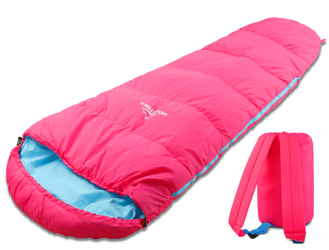 MOUNTREX® Kinderschlafsack (Rosa) - Tragbar wie ein Rucksack - Schlafsack für Kinder (175 x 70 x 45 cm)