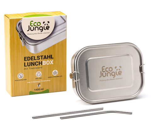 ECO JUNGLE Edelstahl Brotdose - Lunchbox (1400 ml) mit herausnehmbarer Trennwand + Edelstahl Trinkhalme