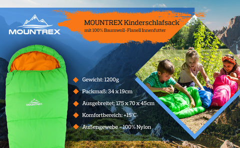 schlafsack camping kinder MOUNTREX® Kinderschlafsack (Grün) - Tragbar wie ein Rucksack