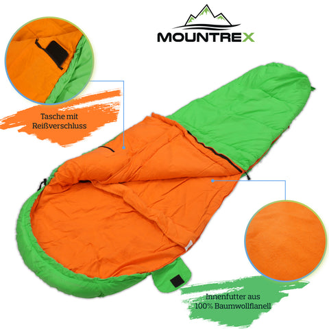 schlafsack kinder baumwolle MOUNTREX® Kinderschlafsack (Grün) - Tragbar wie ein Rucksack