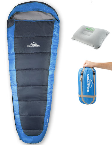 MOUNTREX® Schlafsack – Sommerschlafsack (850g) - Mumienschlafsack (205x75cm) + BONUS Reisekissen